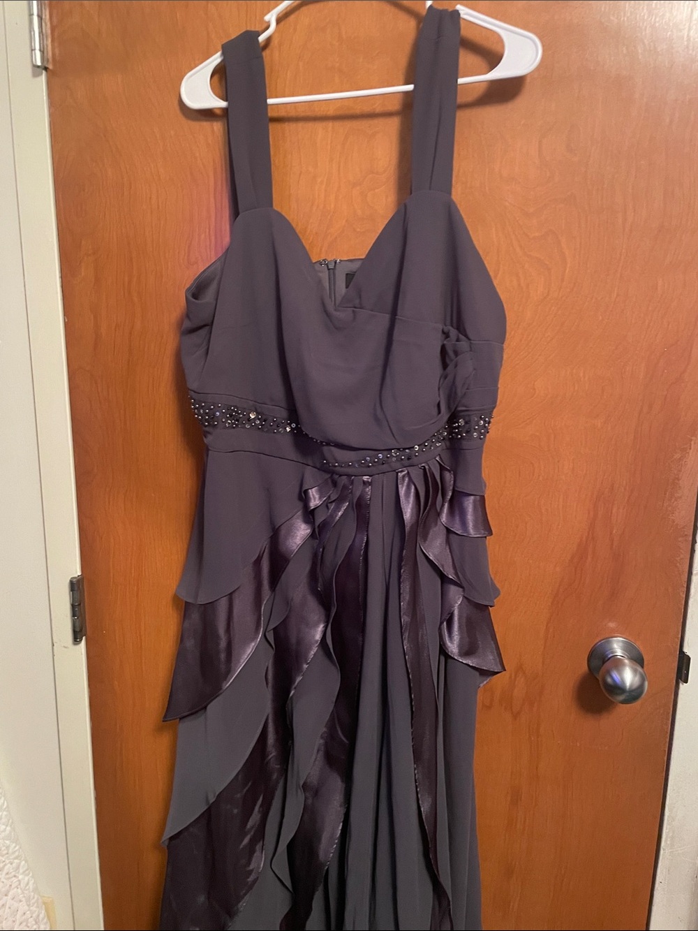 Midnight Velvet Purple Ruffle Maxi Dress with Embellished Waist